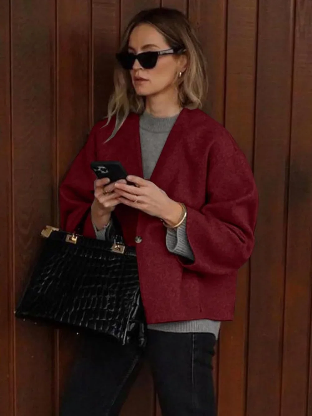 Women's Red Wool Blend Cropped Collarless Long Sleeve Short Fall Pea Overcoat